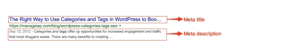 Bilde av hvordan metadata bør se ut i Google med tittel, stikkord og beskrivelse.