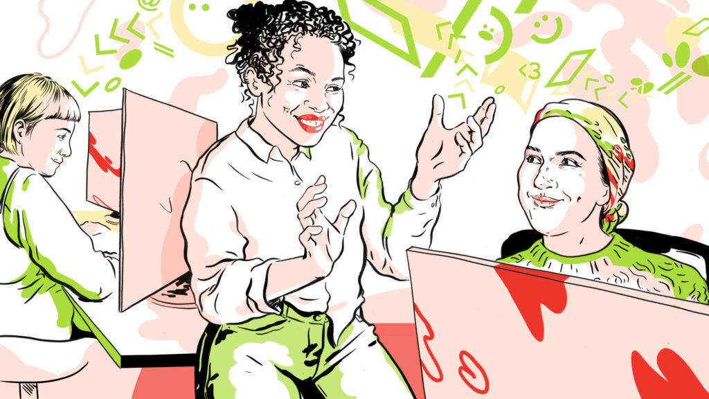 Illustrasjon av kvinner som jobber digitalt med skjermer foran seg og "koder som flyr i luften"