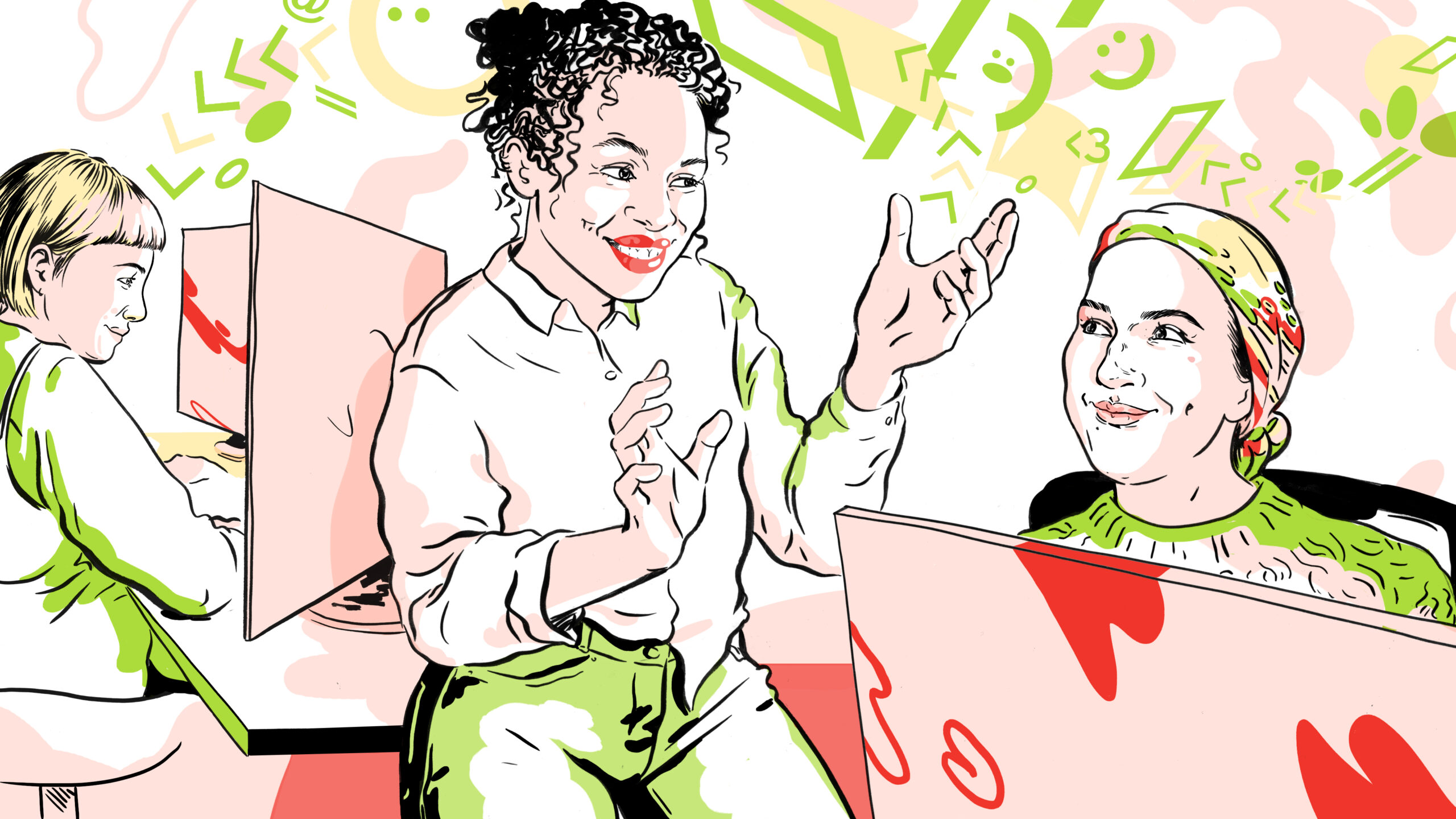 Illustrasjon av kvinner som jobber digitalt med skjermer foran seg og "koder som flyr i luften"