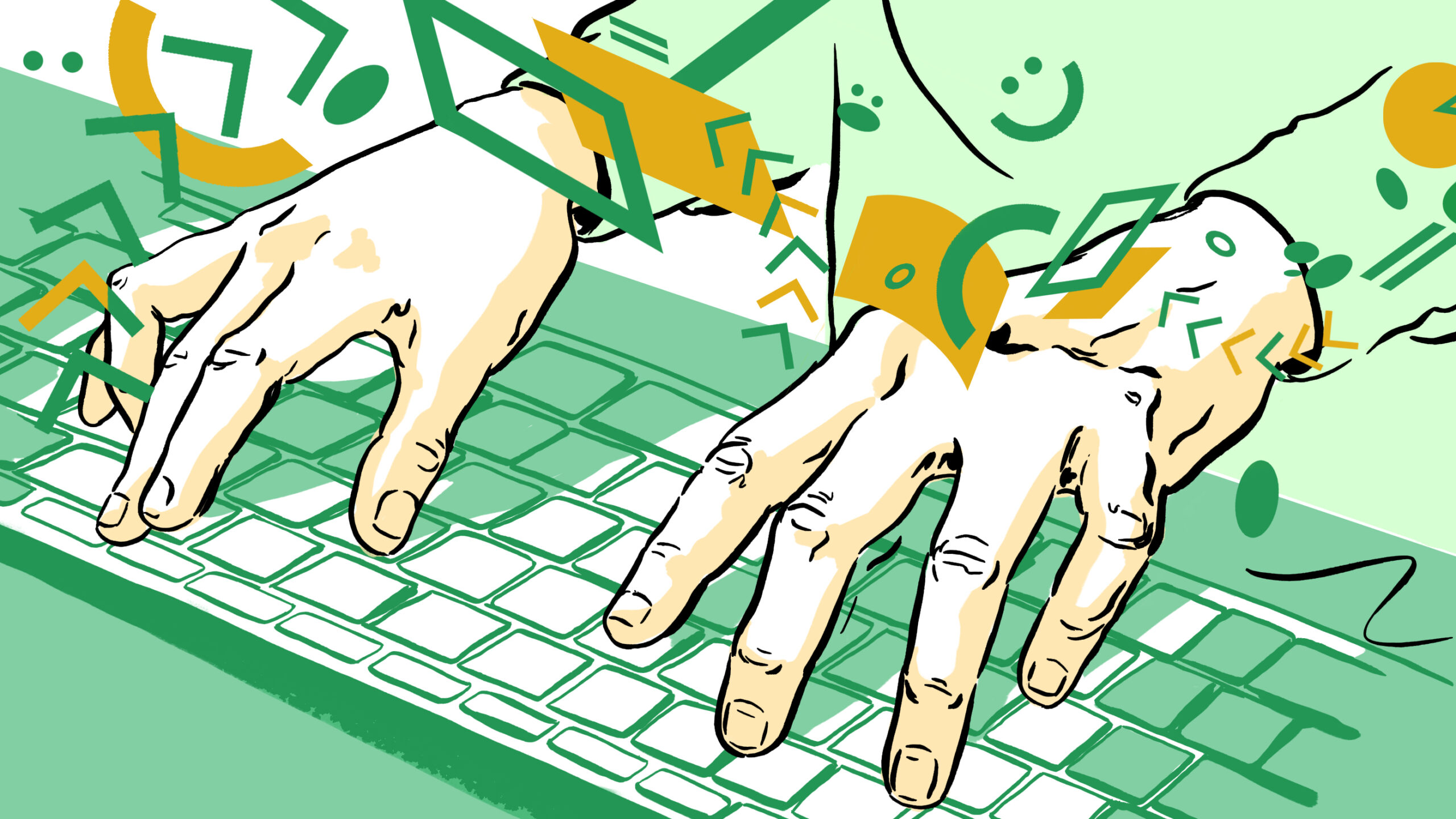 Illustrasjon av hender på tastatur som minner om hender på pianotangenter