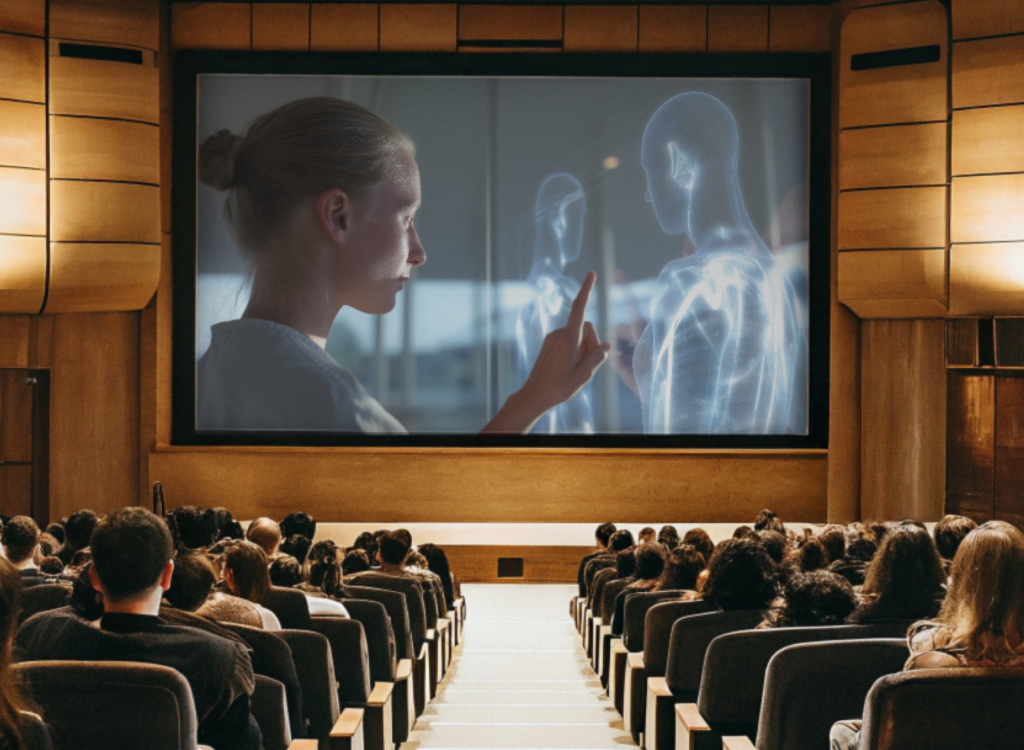 And audience watching an AI film on a big screen