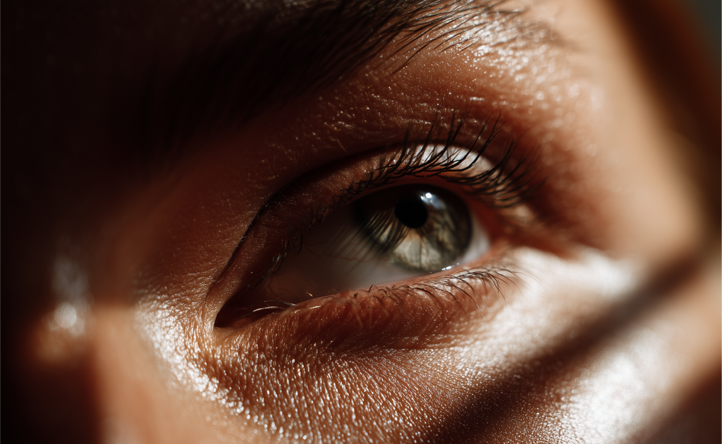 A close up of a female eye with sunlight