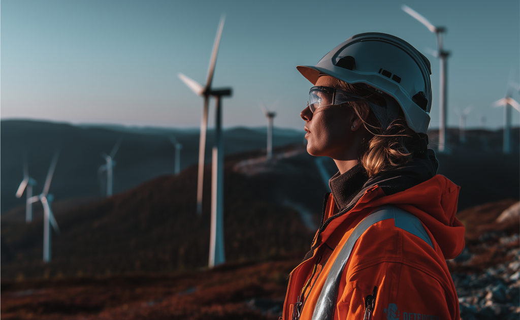 A woman with safety gear on looking out over the Norwegian landscape with windmills in the background