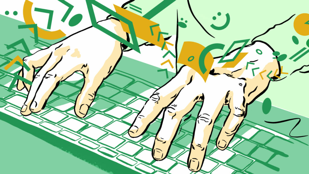 Illustrasjon av hender på tastatur som minner om hender på pianotangenter