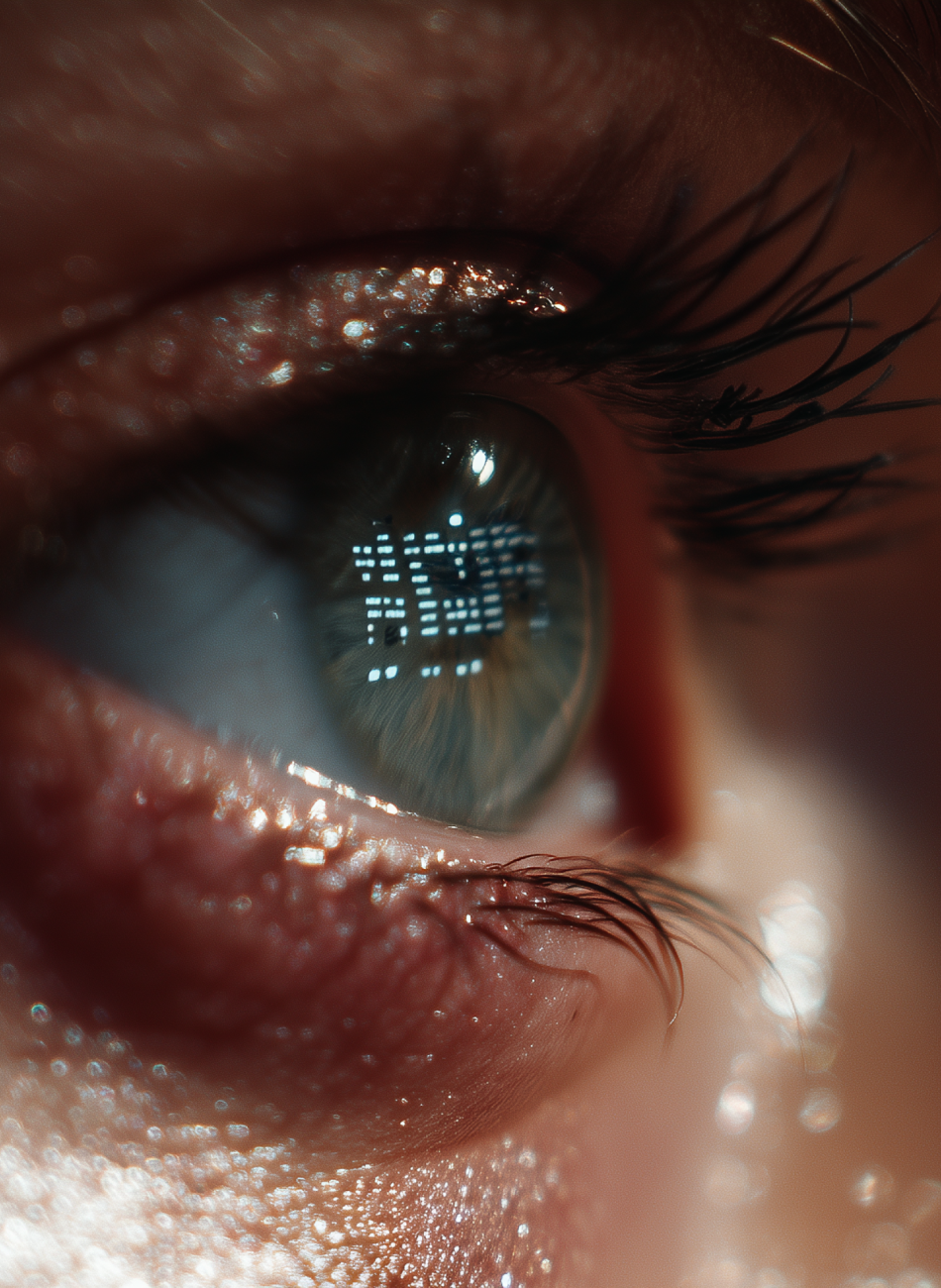 Close up of a female eye with a reflection of technological lights